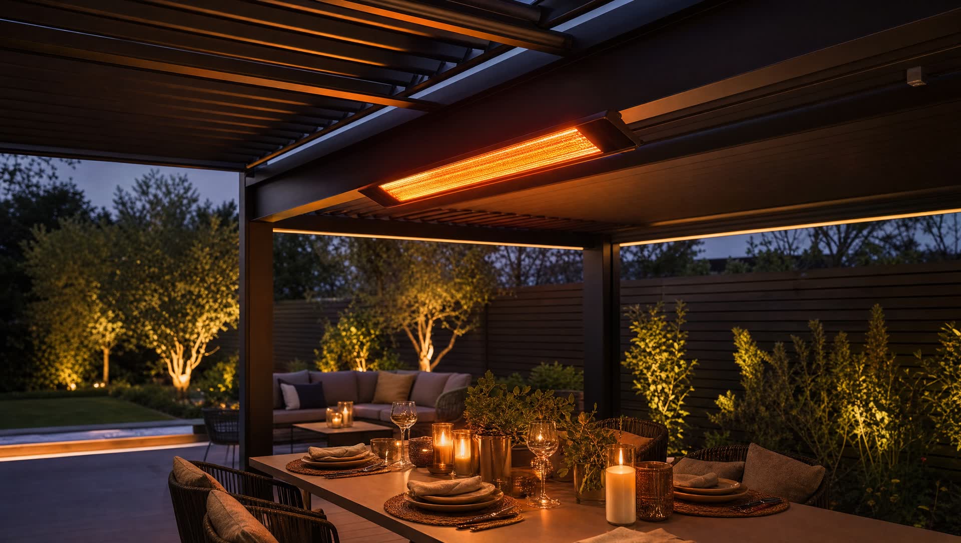Infraroodverwarming boven een gedekte tafel onder de overkapping