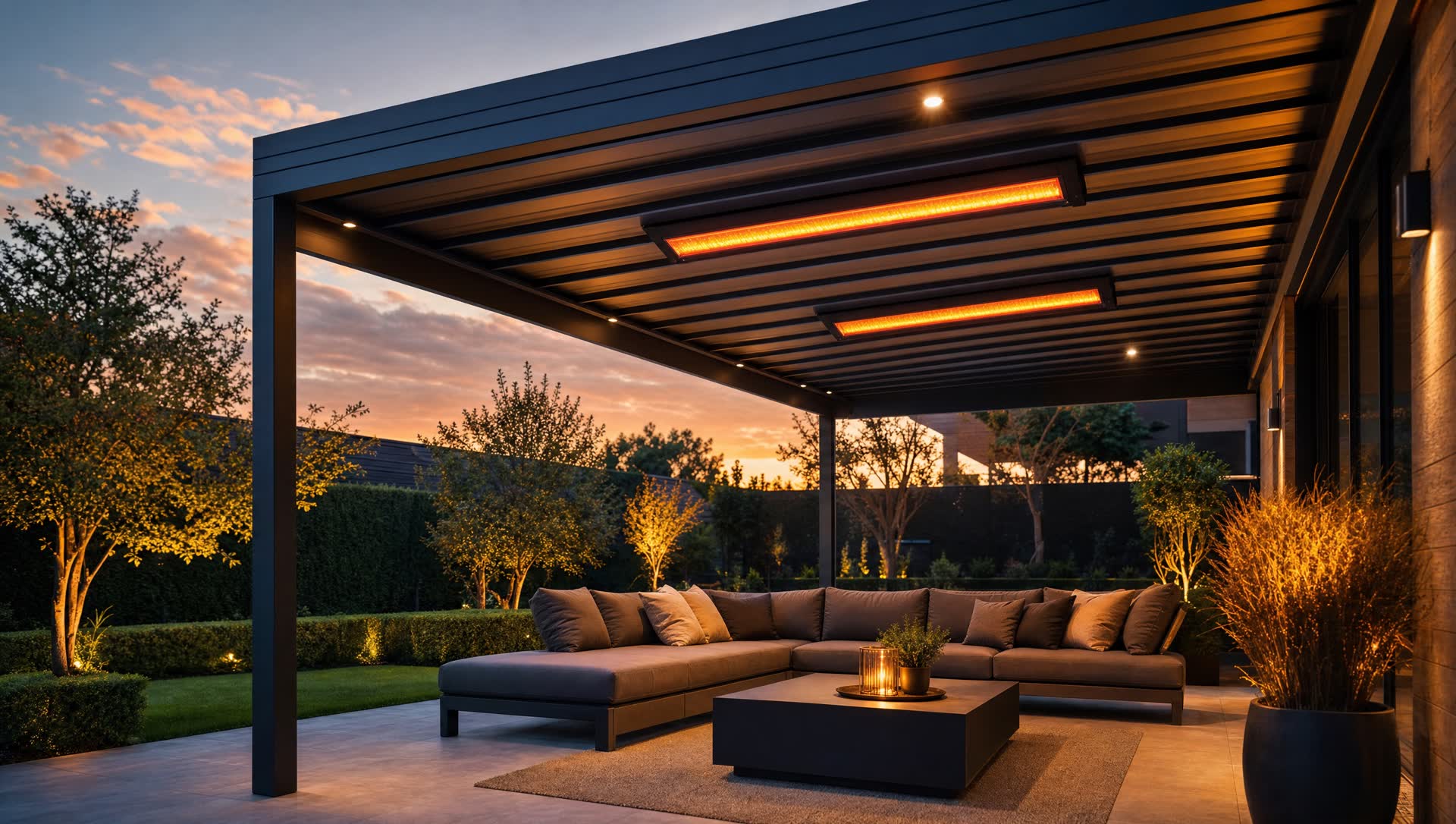 Terrasoverkapping met infraroodverwarming boven een loungeset